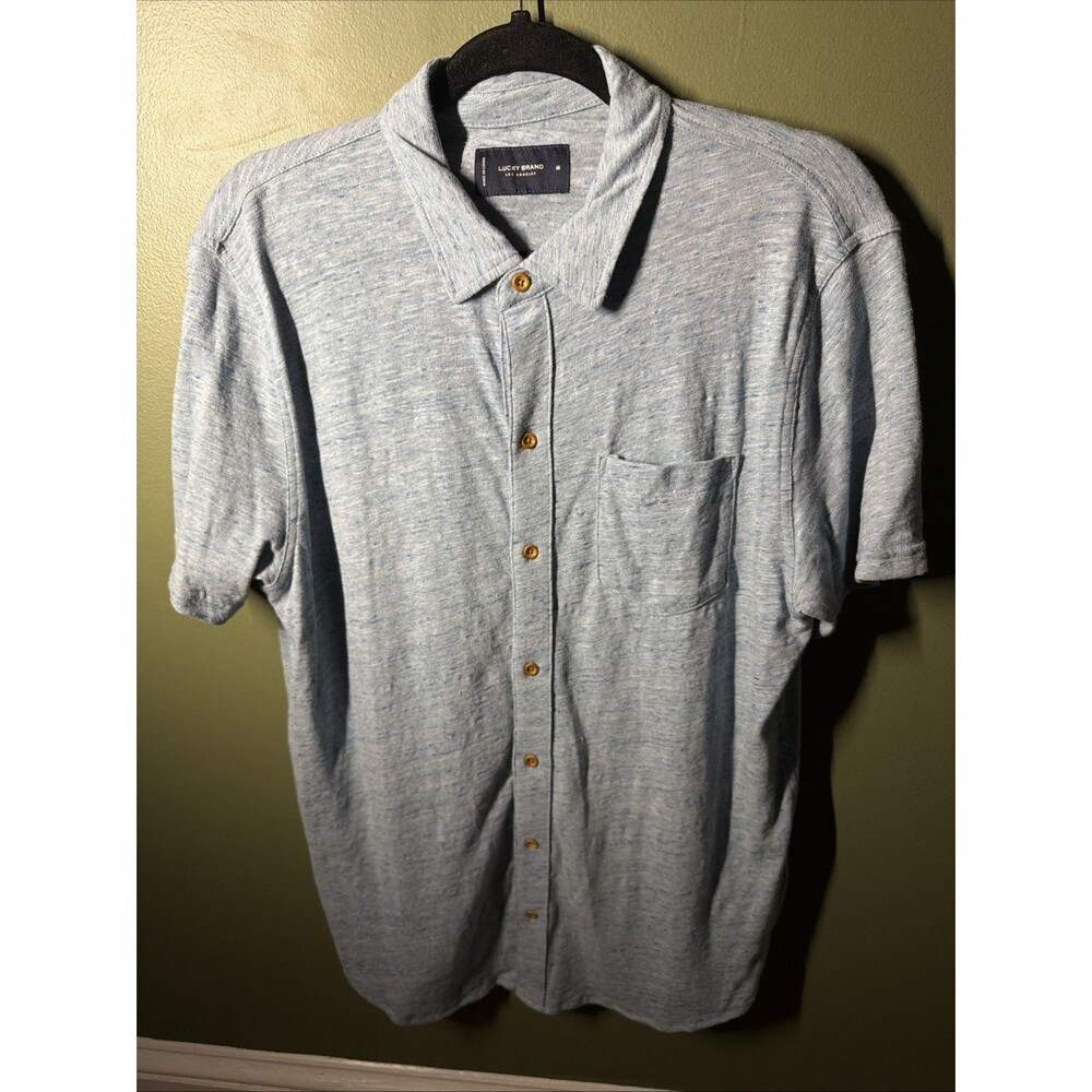 NWOT Lucky Brand Men's M Marled Blue Button Front Knit Short Sleeve Shirt